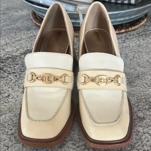 Sam Edelman Cream Gold Heeled Loafers with Horsebit Detail